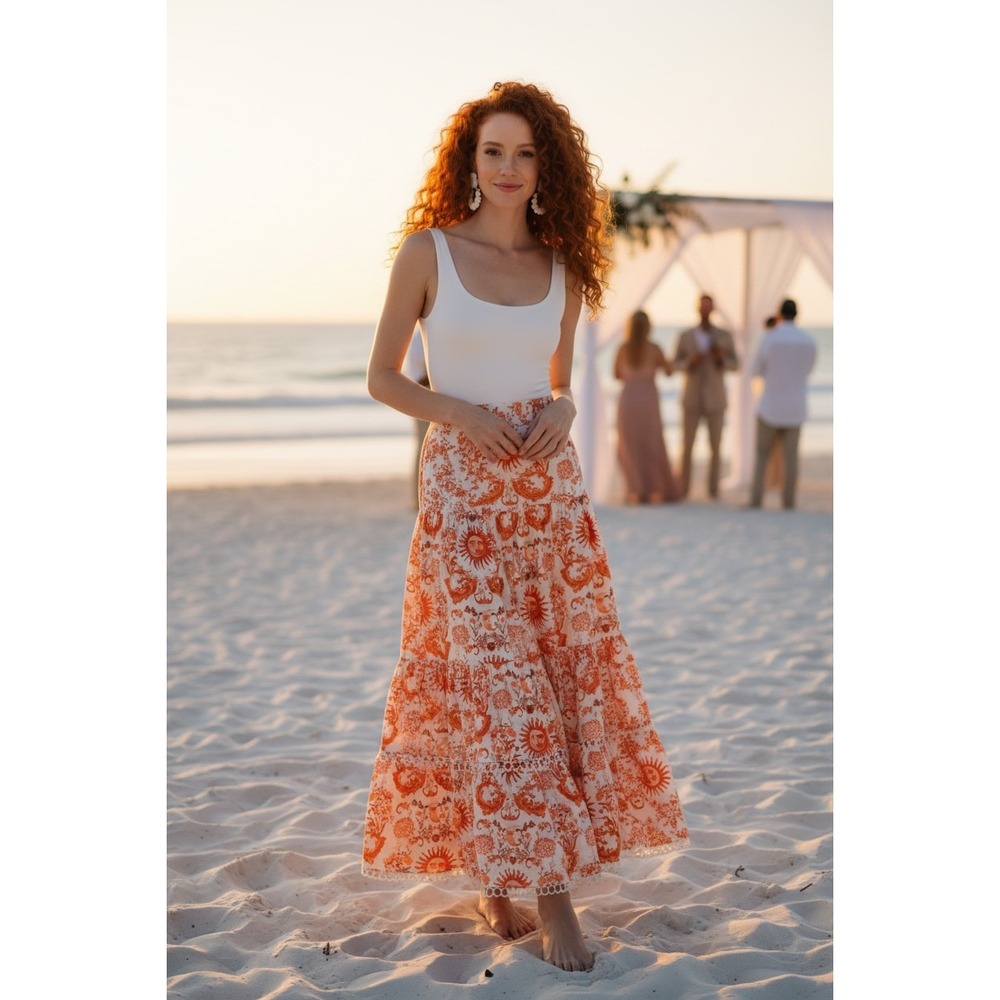 Borgo de Nor Didi Cotton Maxi Skirt‎ Summer Sun Red Celestial Print Size 4 NWT
